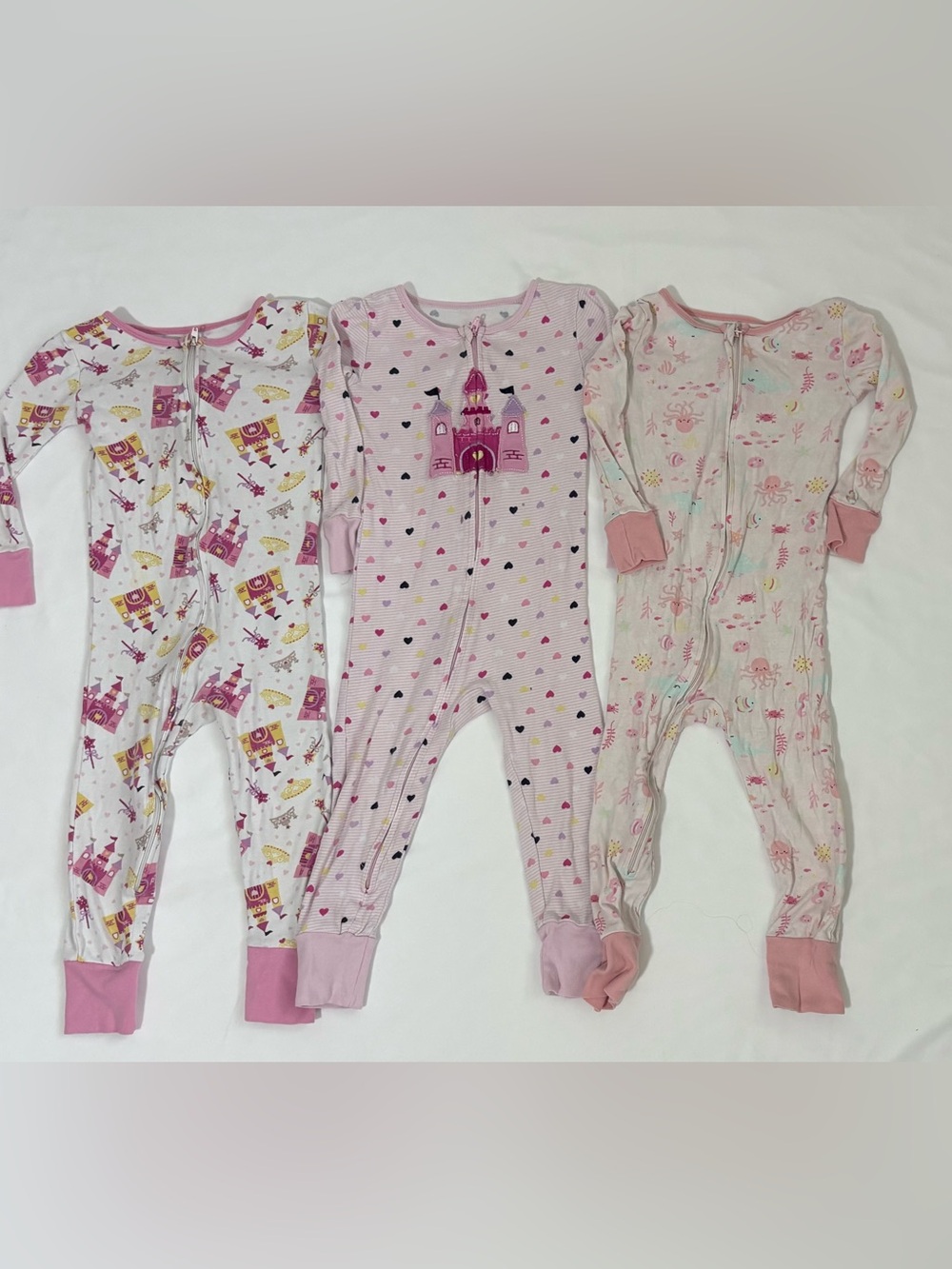 Toddler Girls Pajama Bundle 3T Zip Up Footless Sleepers Princess Lot of 3